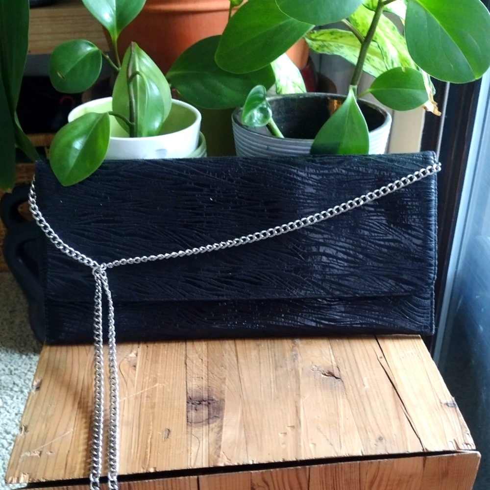 Carlos Falchi Elegant Black Clutch with Silver Chain